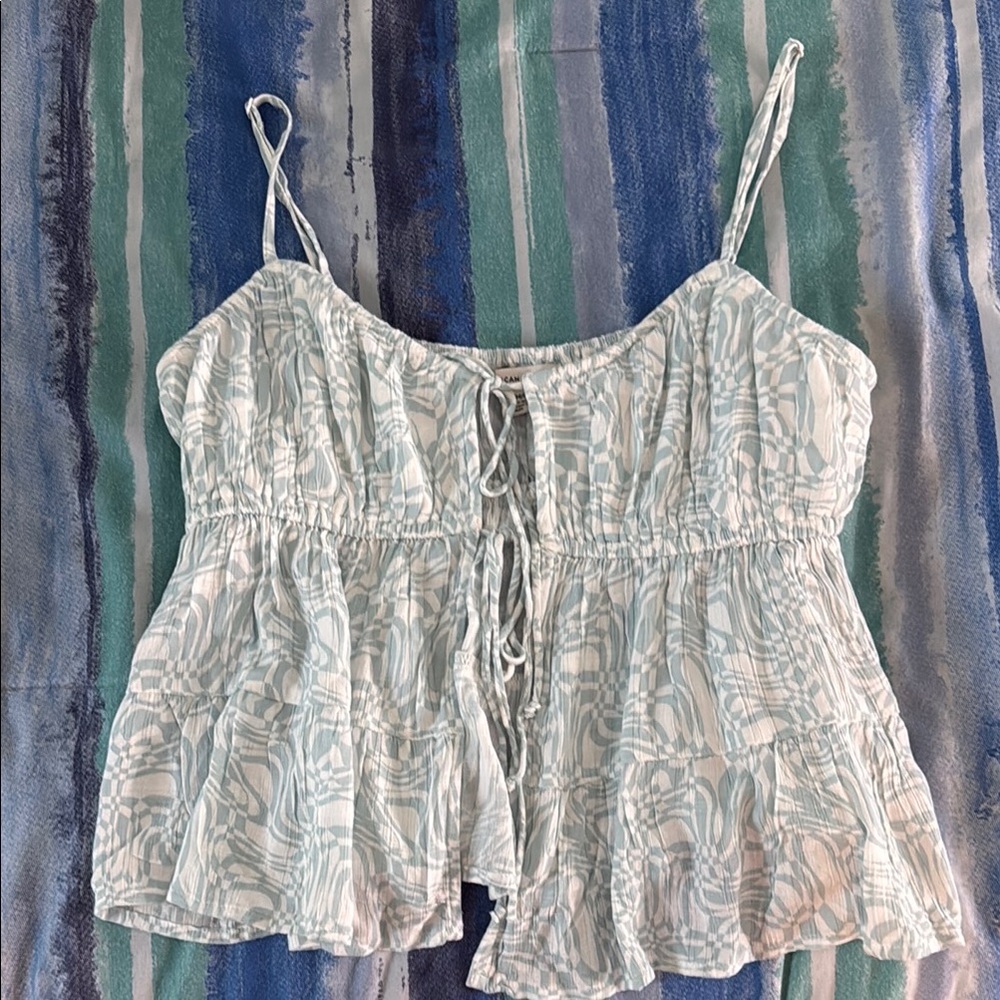 American Eagle Women's Light Blue Patterned Top